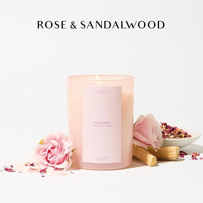 Rose & Sandalwood Scented Candle | 11oz, 60 Hour Burn | Natural Soy Wax, Cotton Wick | Fall & Holiday Candles | Christmas Scented Candles for Home | Benevolence LA Sun-Kissed Collection - Beach Rose
