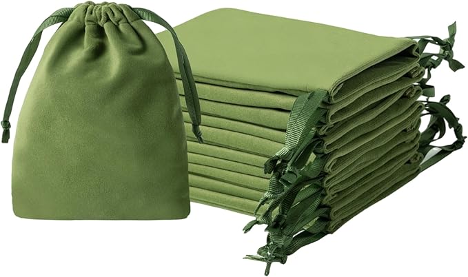 12pcs Moss Green Velvet Drawstring Bags 3x4 inches Small Velvet Cloth Gift Bags Jewelry Pouches for Bracelet Storage Wedding Party Favor Christmas