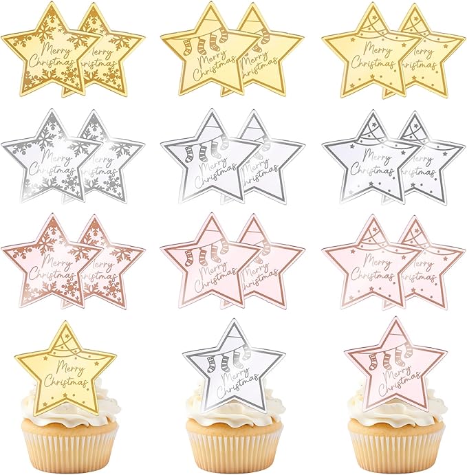 36 Pcs Christmas Cupcake Toppers Acrylic Mirror Star Cupcake Toppers Little Star Cake Decorations for New year Christmas Party Supplies