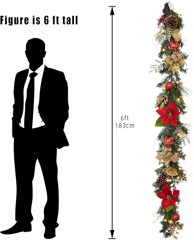 GarveeHome Prelit Christmas Garland for Mantle, 6 ft Battery Operated Xmas Garland with 20 LED Lights Timer Red Gold Balls for Fireplace Stair Railing TV Stand Indoor Outdoor Holiday Decor