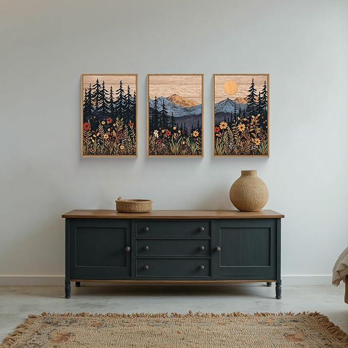 HOURIA Natural Mountain Floral Framed Canvas Wall Art,Modern Sunrise Forest Wall Decor,Boho Wildflower Woodland Landscape Artwork,Wilderness Pine Tree Field Art Print for Living Room,Office-16 x24 x3