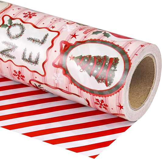 WRAPAHOLIC Reversible Christmas Wrapping Paper - Mini Roll - 17 Inch x 33 Feet - Pink & Red Classic Christmas Decor and Stripes Wrapping Paper for Xmas Holiday, Party Celebration