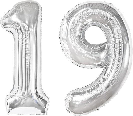 40 Inch Big Silver 19 Balloon Number, Jumbo Giant Happy 19th 91 Birthday Party Decorations, Large 19 Mylar Foil Anniversary Birthday Party Engagement Decorations