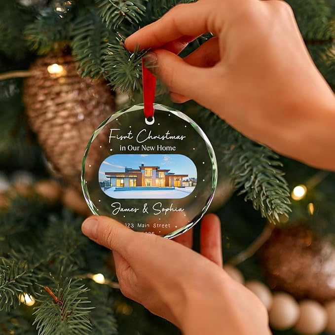 Personalized Round Christmas Crystal Glass Ornaments Custom Xmas 2025 Ornament for Christmas Tree Decorations Customized First Christmas in New Home Tree Hanging