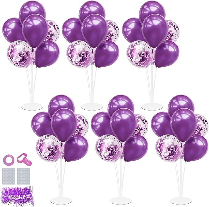 6 Set Balloon Stand with Purple Balloons Centerpiece Table Decorations Birthday Bridal Shower Wedding Mother's Day Retirement Thanksgiving Halloween New Years Decorations 2025
