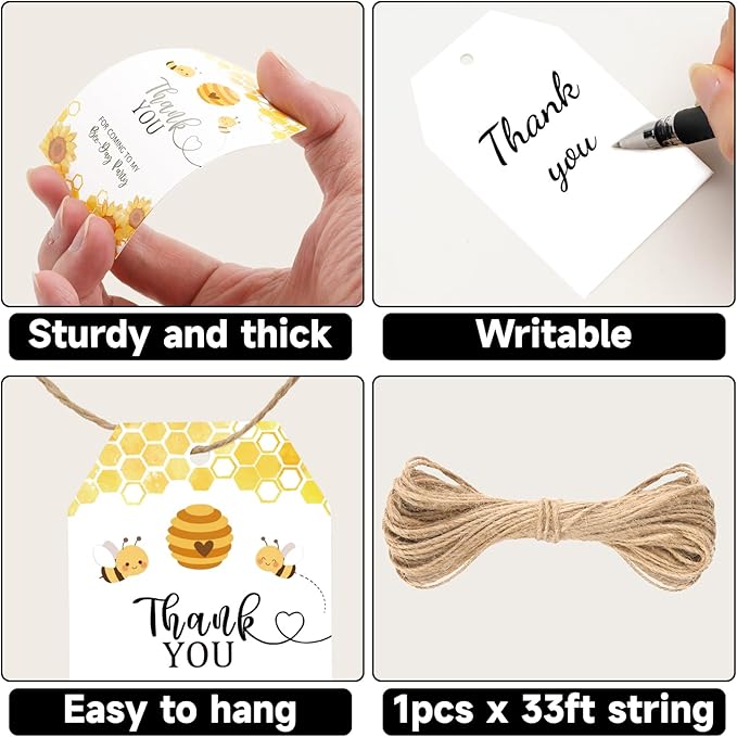 G2PLUS 50Pcs Bee Thank You Tags, Thank You for Coming Tags for Gender Reveal, White Paper Sunflower Bee Gift Tag with String for Baby Shower, 1st Birthday, Wedding Bridal Shower Party Favors