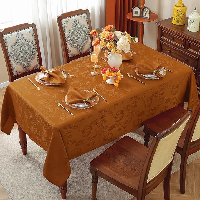 SASTYBALE Thanksgiving Tablecloths for Square Tables Jacquard Fall Table Cloth with Pumpkins and Vines Stain Resistant Table Cover for Autumn Harvest, Dining, Party Decor (52 x 52 Inch, Brown)