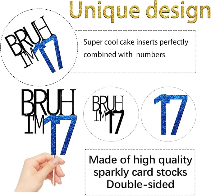 Bruh I'm 17 Cake Topper - Bro I'm 17, Happy Sweet 17 Ornament for Boys' 16th Birthday Party Supplies (blue 17)
