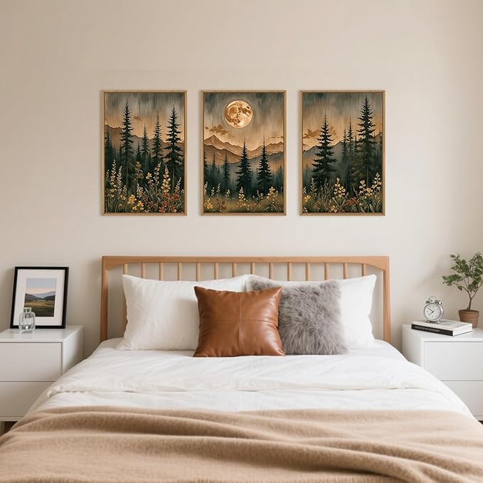 HOURIA Nature Forest Mountain Framed Canvas Wall Art Set,Moonlight Pine Tree Flower Wall Decor,Wilderness Field Wall Painting,Vintage Botanical Art Prints for Living Room,Bedroom,Farmhouse-24 x36 x3