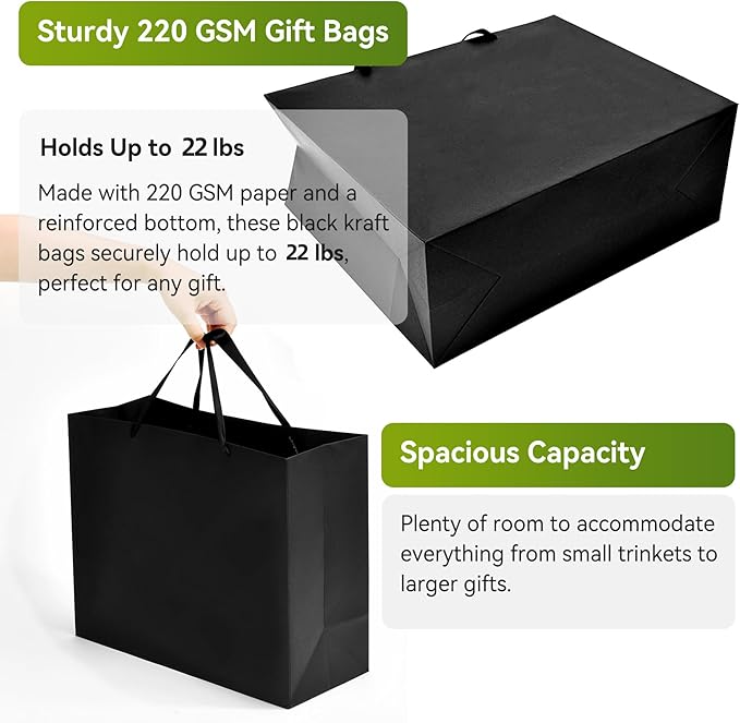 Black Gift Bags With Handles, 12.5x4.5x11 Inch Sturdy Kraft Paper Gift Bags 30 Pcs, Bulk for Wedding, Party, Birthday, Business and Shopping, Large Size