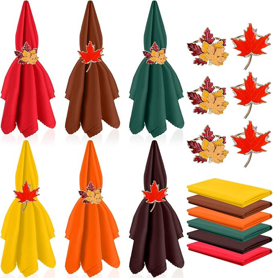 12 Pcs Fall Thanksgiving Cloth Napkin and Maple Leaves Napkin Ring Holder Buckles with Rhinestones Set for Harvest Season Thanksgiving Autumn Party Table Decorations (6 Colors)