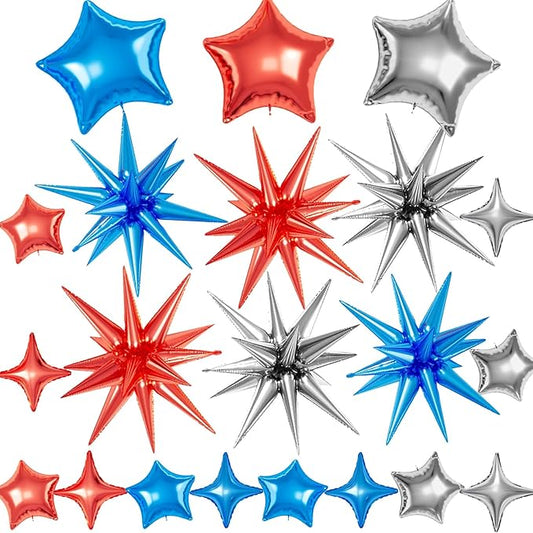 21 Pcs Star Balloons,22/18/10 Inch Star Foil Mylar Balloon,Spike Balloon and Four Pointed Balloons for Party Supplies Christmas Birthday Wedding Photo Booth (Silver Red Blue)