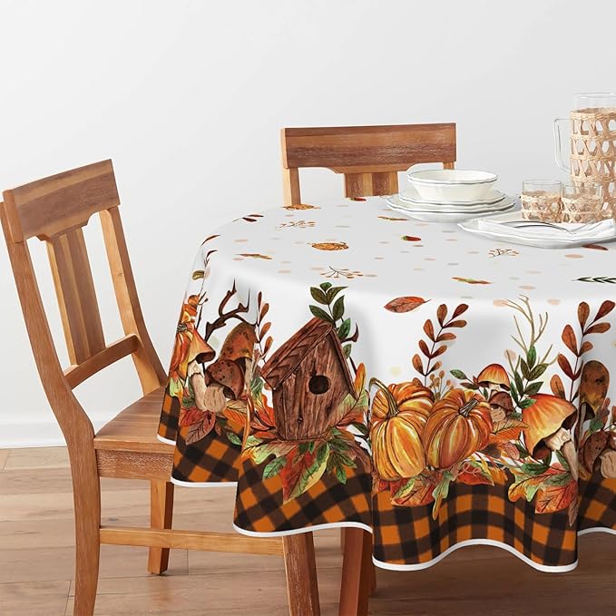 Horaldaily Fall Tablecloth 70x70 Inch Round, Thanksgiving Autumn Harvest Pumpkin Mushroom Orange Buffalo Plaid Table Cover for Party Picnic Dinner Decor