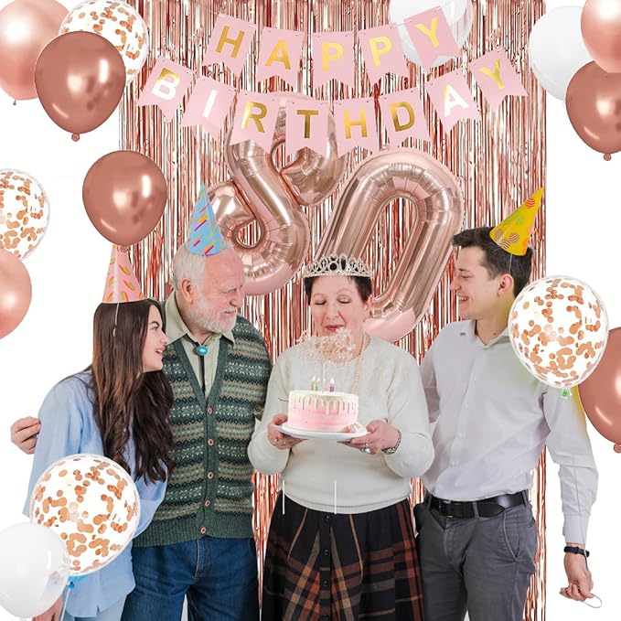 80th Birthday Decorations for Women, Happy 80th Birthday Banner Cake Topper Balloons Sash and Crown, Rose Gold 80t'h Party Decorations for Girls