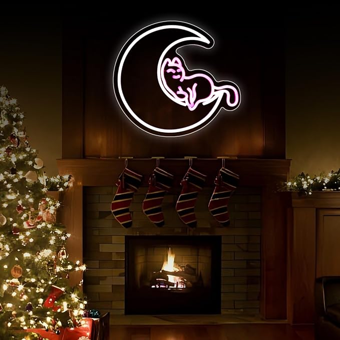 Neon Sign, HSJNJKFU Moon Cat Neon Signs for Wall Decor White Pink LED Cat Signs for Man Cave Room Home Party Birthday Beer Signs - Neon Light USB Powered