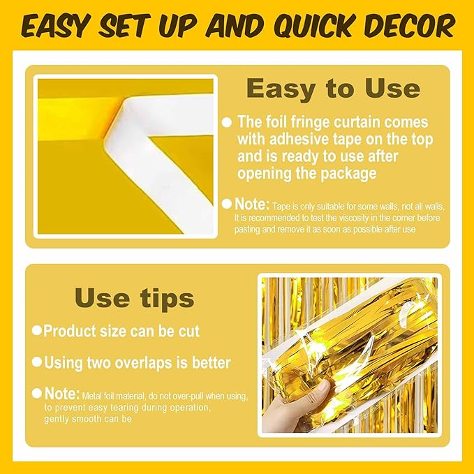 3 Pack Gold Foil Fringe Curtains Backdrop, 3.28 x 6.6 Ft Metallic Streamers Tinsel Curtains Background for Photo Booth, Birthday, Halloween, Christmas, Thanksgiving, New Year Party Decorations