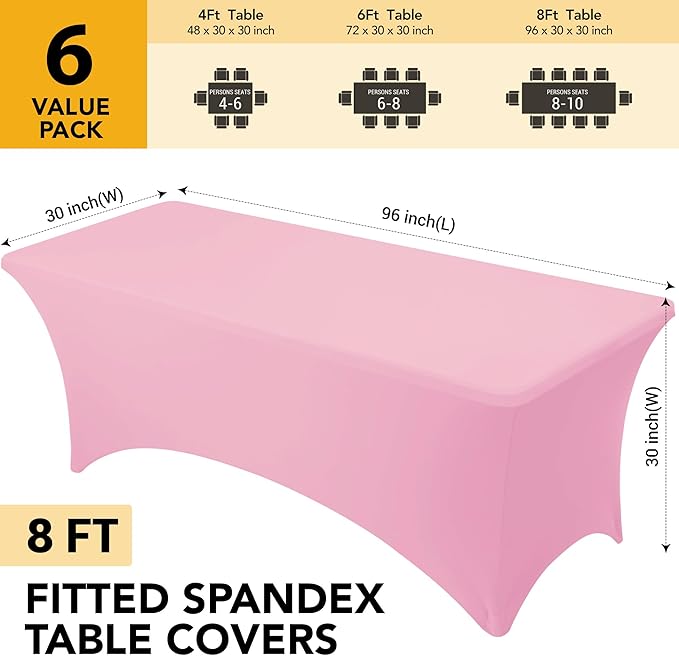 6-Pack Premium Pink Spandex Tablecloths for 8ft Rectangle Tables, Stain & Wrinkle-Resistant, Washable Stretch Polyester Fitted Table Cover for Weddings, Banquets, Trade Shows Events