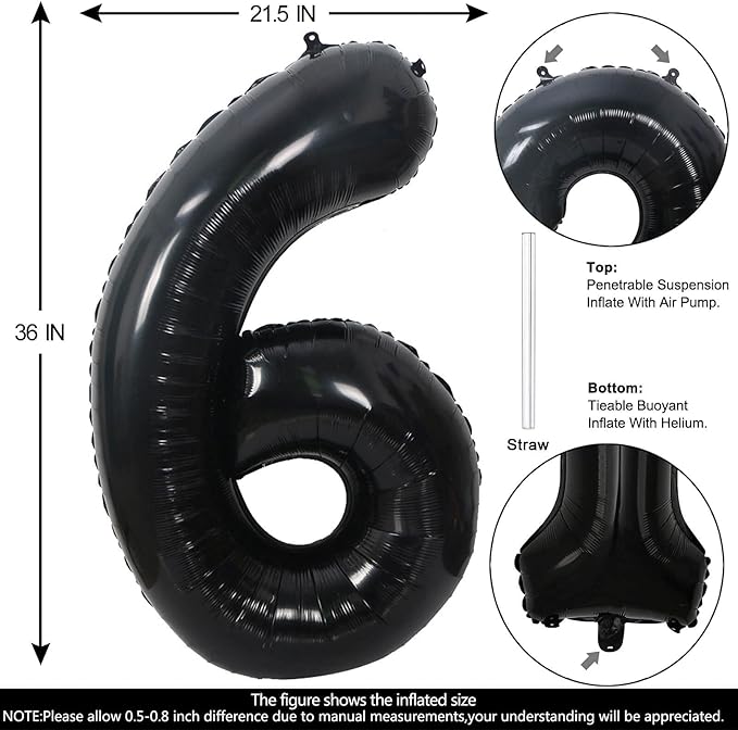 40 Inch Black Number 6 Balloons Helium Giant Black 6 Balloons for Birthday Party Decorations Anniversary Baby Shower Photo Shoot Supplies