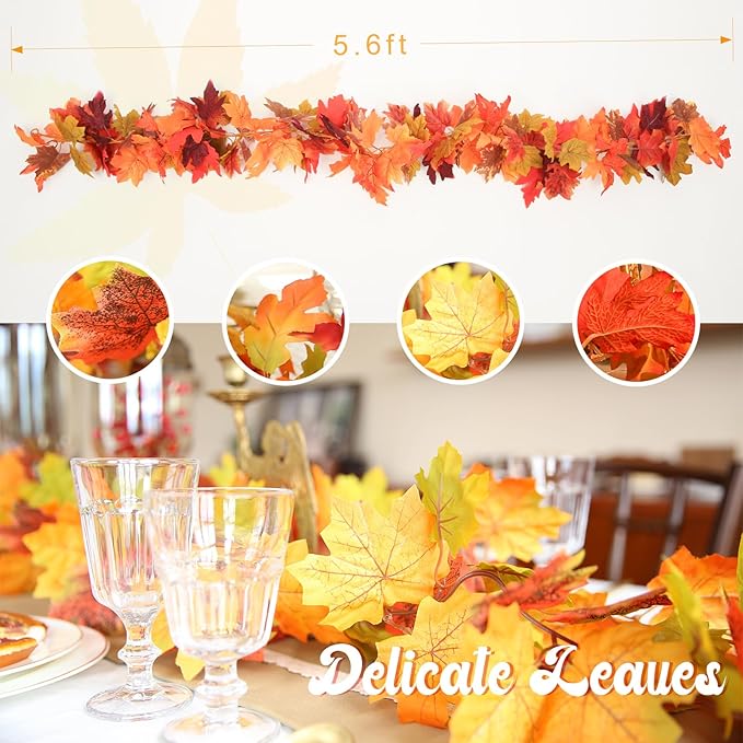 Joyhalo 6 Pack Fall Garland, Autumn Leaves Garland for Mantle Indoor Outdoor Fall Decorations for Home,Hanging Maple Leaf Foliage Vines for Fireplace, Front Door, Porch and Thanksgiving Decor