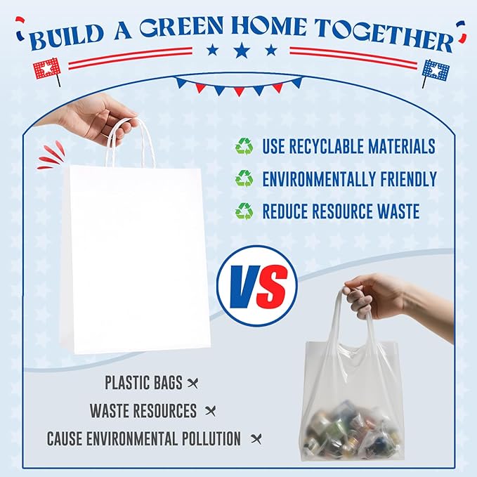 MESHA Gift Paper Bags 300 Pack 10X5X13 Inch White Large Shopping Kraft Bags Bulk with Handles Reusable for Business Grocery Birthday Wedding Kids Party Favors