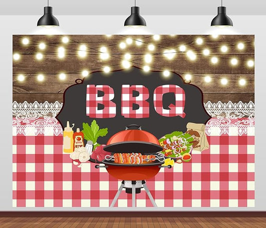 CORFOTO 20x10ft BBQ Family Party Backdrop Brown Wooden Board String Lights Lace Barbecue in The Wild BBQ Theme Party Background Kids Adult Bridal Shower Summer Park Decorations Cake Table Banner