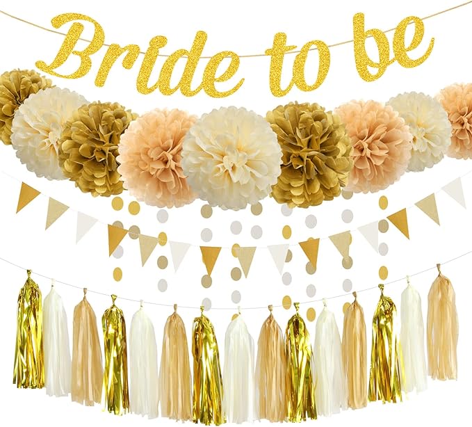 White-Gold Champagne Bridal-Shower Party Decorations - 27pcs Tissue Pom Poms Streamers,Bride to Be Banner,Bachelorette Tassel Garland Decor Panduola