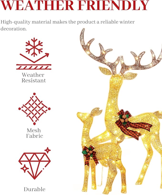 3-Piece Large Lighted Christmas Deer Family Set, Christmas Indoor and Outdoor Decoration with 225 Warm White LED Lights, Ground Pegs, Cable Ties. Suitable for Patio Lawn Garden Party-Cold