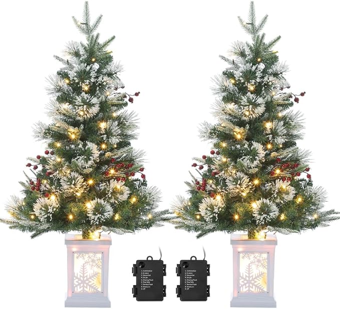 3 ft Mini Christmas Tree with Premium 78 Warm White Led, 8 Mode Xmas Pine Tree for Christmas Decoration, Party Decoration, Home, Office, Snow Flocked White Base 2 Pack
