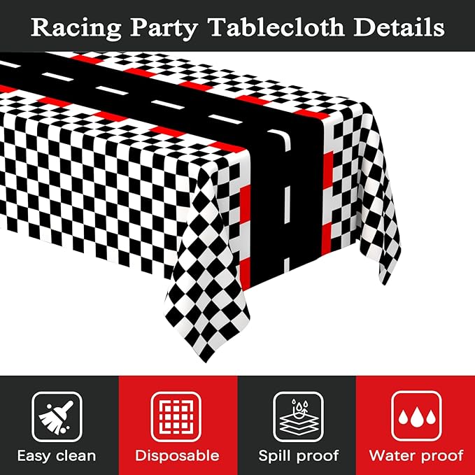 WNINK 6 PCS Racing Car Theme Tablecloths Car Disposable Plastic Tablecloths Black Checkered Flag Table Covers Racetrack Rectangular Tablecloth for Race Car Birthday Party Decorations, 54 x 108 Inch
