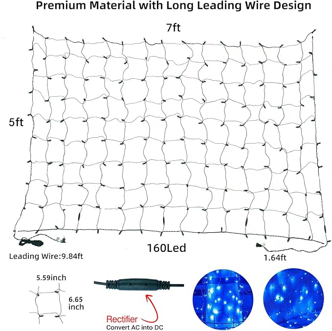 Led Christmas Net Lights Blue Outdoor Christmas Lights 160LED 5ftx7ft, Waterproof Outdoor Indoor Fairy Mesh Net Light for Xmas Party, Yard, Patio, Trees, Shrubs, Bushes Decorations