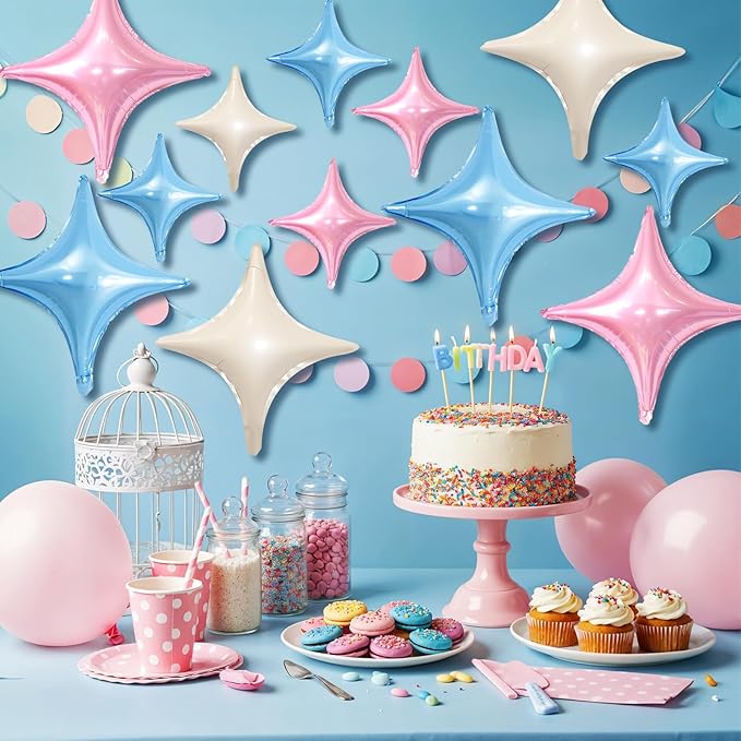 Pink Blue White Star Balloons,12Pcs Four Angle Star Foil Balloons,26Inch and 10Inch Pink Blue Cream White Quadrangle Helium Balloon for Birthday Baby Shower Gender Reveal Party Decorations