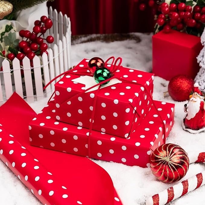 Yarcony Polka Dots Reversible Wrapping Paper Roll - 17 Inch x 33 Feet - Classic Red and White Christmas Polka Dot Holiday Winter Themed Wrapping Paper for Holidays, Birthday, Party, New Year, Wedding