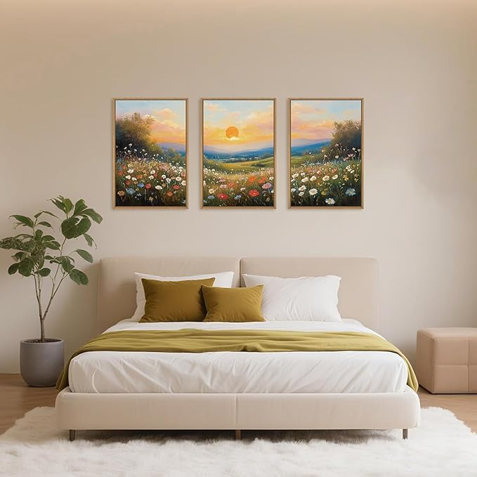 HOURIA Boho Sunrise Wildflower Framed Canvas Wall Art Set,Watercolour Nature Inspired Landscape Wall Decor,Colorful Floral Scenery Artwork,Modern Art Prints for Living Room,Bedroom,Farmhouse-24"x36"x3