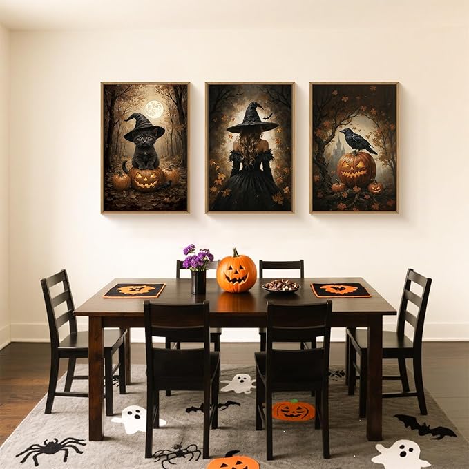 HOURIA Large Halloween Spooky Witch Black Cat Raven Framed Canvas Wall Art Set,Witchy Hat Pumpkin Wall Decor,Full Moon Autumn Forest Artwork,Dark Castle Art Prints for Living Room, Bedroom-24 x36 x3