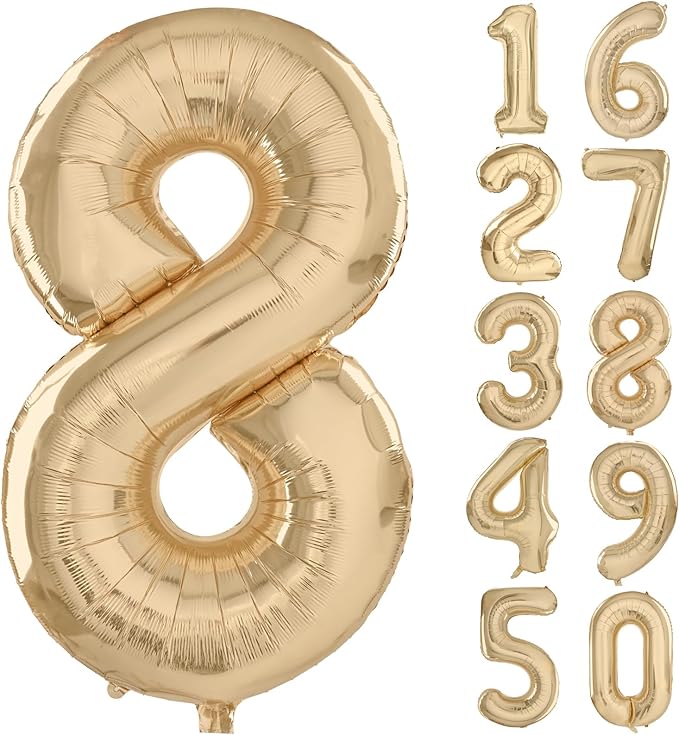 40 inch White Gold Number Balloon Giant Foil Helium Balloons Champagne Gold Number 8 Balloon for 8th Birthday Party Decorations