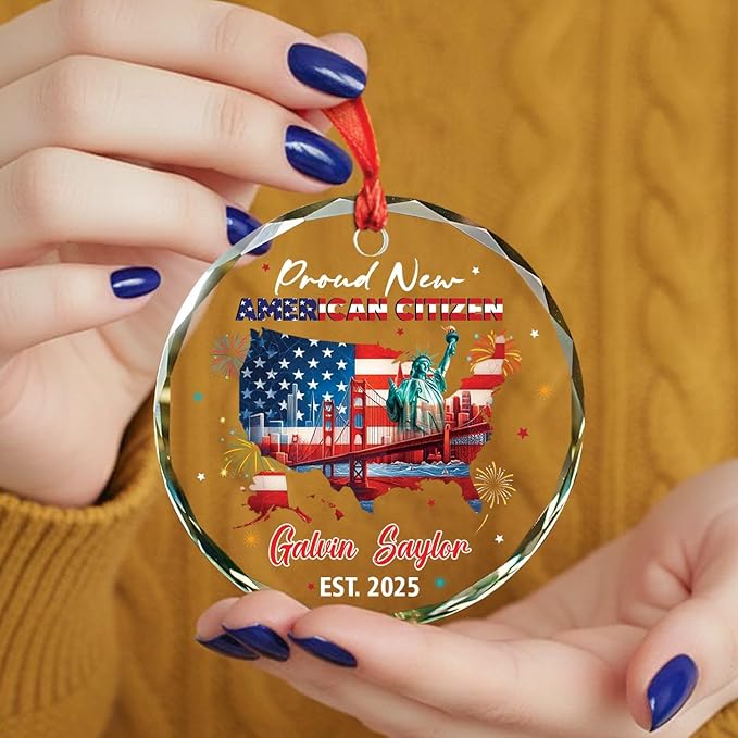 Proud New American Citizen Glass Xmas Ornament 2025, Personalized Year Name Congrats Citizenship Celebration Keepsake Ornaments, Custom NYC Cityscape Christmas Ornament Gift for US Lovers Citizenship