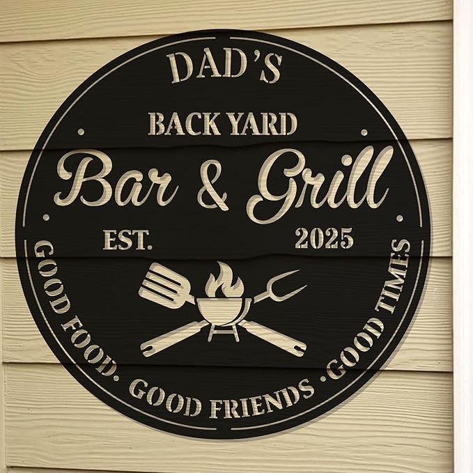 BBQ Metal Sign – Customized Grill Name Plaque for Outdoor Kitchen, Backyard Bar, Patio, Man Cave, Smoker Shed, Birthday Gift for Men, Dad’s Beer & Grilling Station, Housewarming Decoration