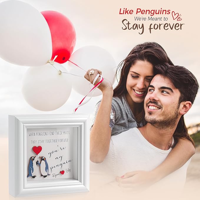 Valentine’s Day Gifts Shadow Box Frame – You Are My Penguin Gifts for Her Him, Cute Couple Gift, 3D Wooden Penguin Love Picture Frame, Anniversary Christmas Birthday Gift for Boyfriend Girlfriend (PenguinWH)