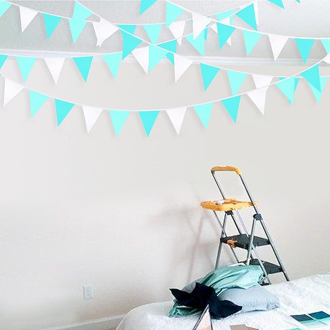 10M/32Ft Aqua Green Banner Party Decorations Triangle Flag Pennant Bunting Fabric Garland for Wedding Birthday Engagement Bridal Baby Shower Under The Sea Party Festivals Decoration(Teal Blue)