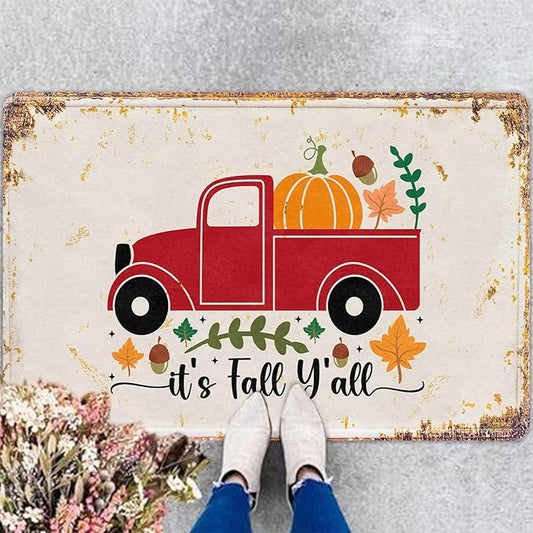 Fall Door Mat, Pumpkin Truck Welcome Mats Outdoor Autumn Doormats for Front Door Decorations Autumn Harvest Vintage Thanksiving