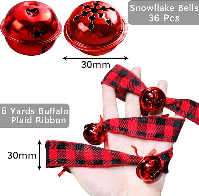 Jishi Rustic Buffalo Plaid Ribbon Garland - 6 Yards with Jingle Bell & Metal Sleigh Bell Ornaments