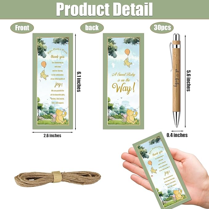 30 Pcs Winnie Baby Shower Gifts, Baby Shower Favors for 30 Guest, Baby Shower Sets, Included Bamboo Pens Greeting Cards, Gender Reveal Souvenirs Prizes, Winnie Baby Shower Decor