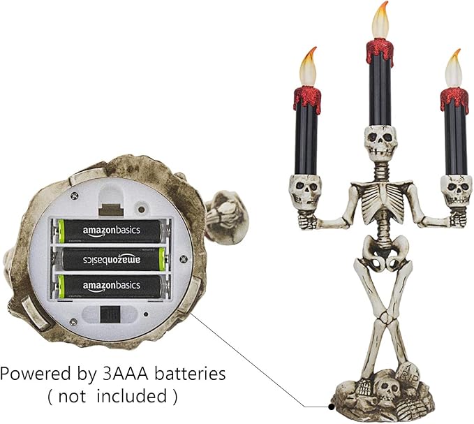 Evelyne GMT-10319 Triple LED Halloween Candles Flameless and Skeleton Candle Holder Stand for Skull Halloween Decoration and Haunted House Decor
