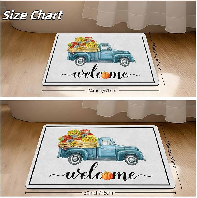 InterestPrint Happy-Thanksgiving Welcome Door Mat, Fall Truck Harvest Pumpkin Doormat for Front Door Outdoor Outside Entrance Porch Non Slip Rubber Rug Autumn Thanksgiving Farmhouse Decor