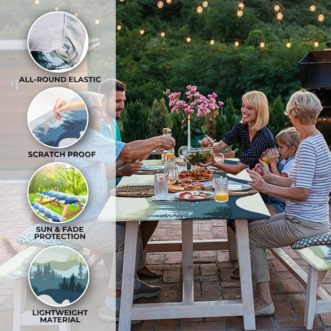 RNOONY 8ft Polyester Picnic Table Cover with Bench Covers Windproof & Waterproof Tablecloth, Perfect for Camping Gifts & RV Essentials, Cool Camping Gadgets, with Carrying Bag, 96x30 Inches, 4Pcs,Blue