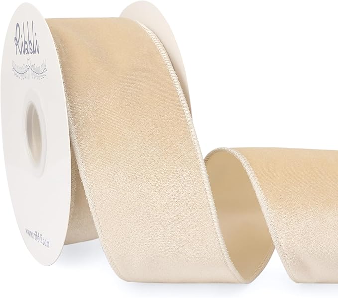 Ribbli Ivory Velvet Wired Ribbon 2.5 Inch Velvet with Satin Christmas Ribbon for Gift Wrapping Christmas Tree Decoration Crafts Wreaths Supplies-Continuous 10 Yards