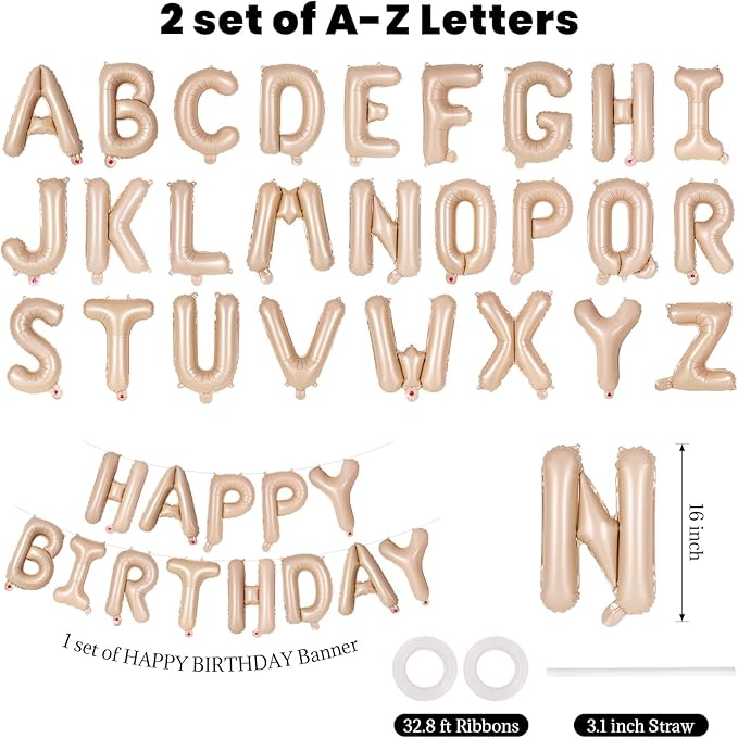 65 Pcs Caramel Happy Birthday Balloons and 2 Sets A-Z Letters Foil Balloons, 16 Inch Personalized Name Happy Birthday Banners for Wedding Baby Shower Anniversary Party Decorations (Caramel)