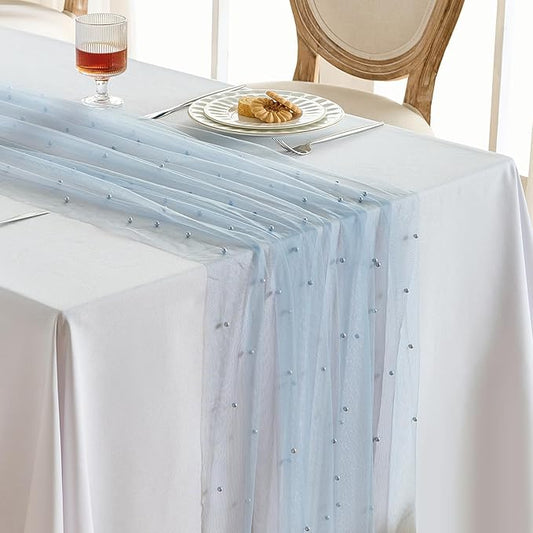 Fanami 3 Pack Pearl Table Runner -10FT Dusty Blue Boho Tulle Table Runners 120 Inches Long Rustic Sheer Lace Fabric Centerpieces for Wedding Arch Birthday Party Bridal Veil Baby Shower Decorations