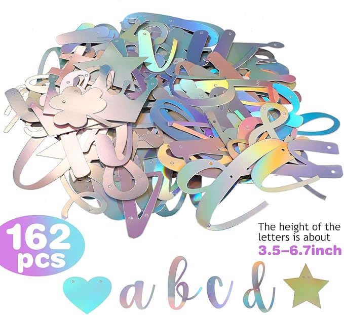 TaoBary 167 Pcs DIY Banner Kit Happy Birthday Glitter Banner Customizable Glitter Make Your Own Kit 162 Letters Symbols and Numbers 3 Rope for Birthday Halloween Wedding Christmas(Holographic)