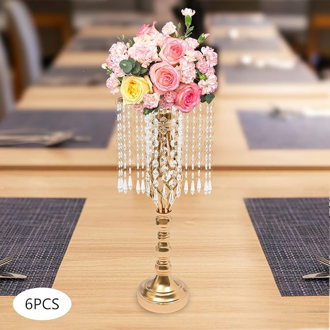 Wedding Centerpieces Gold Vases,6PCS Metal Flower Candle Holder with Sparkling Crystal Beads,Crystal Flower Vase Metal Flowers Stand for Party Tables Decorations (6PCS-Gold)